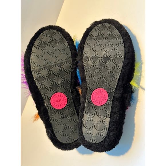UGG Fluff Yeah Slide Slippers Rainbow Fur Black Pink Logo Womens Size 8 - Picture 2 of 8